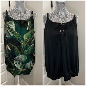 Swim by Cacique No Wire Bra Blouson Tankini Top Black Tropical Bundle Plus Size
